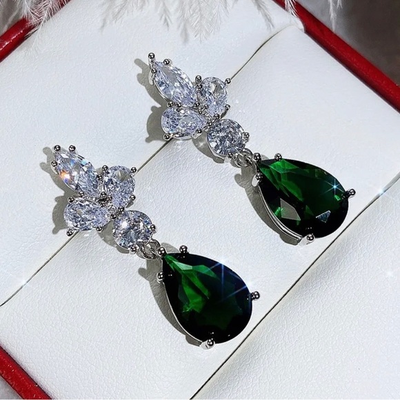 Teardrop Emerald & Diamond Drop Earrings - Picture 7 of 8